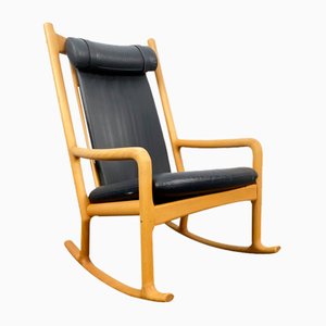 Rocking Chair Swing en Hêtre et Cuir Bleu Foncé par Hans Olsen pour Juul Kristensen, Danemark, 1970s