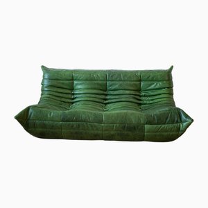 Vintage Green Leather 3-Seat Togo Sofa and Lounge Chair by Michel Ducaroy for Ligne Roset, Set of 2