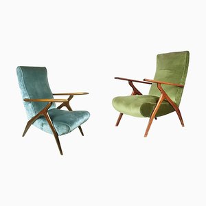 Green & Blue Water Velvet and Wood Reclining Armchairs, 1950s, Set of 2