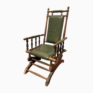 Rocking Chair Vintage en Cuir Vert Foncé