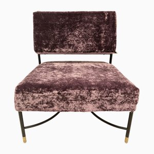 Fauteuil Vintage en Velours Violet avec Cadre en Tige Noir et Embouts en Laiton de Poltrona, 1950s