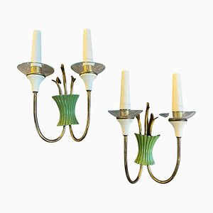 Mid-Century Italian Modern Brass, Green Metal and Glass Wall Sconces by Pietro Chiesa, 1950s, Set of 2