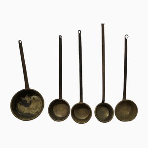 Large Antique Brass and Iron Ladles, 1800s, Set of 5