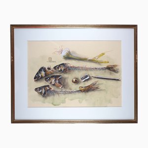 Manfred K. Schwitteck, Natura morta con lische di pesce, matita e temperamatite, 1992, acquerello e matita, con cornice
