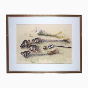 Manfred K. Schwitteck, Nature morte avec arêtes de poisson, crayon et taille-crayon, 1992, aquarelle et crayon, encadré