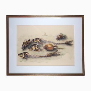 Manfred K. Schwitteck, Nature morte avec arêtes de poisson et bouchons de champagne, 1992, aquarelle et crayon, encadré