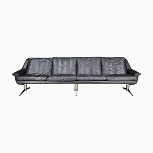 Four-Seat Sofa in Patinated Black Leather fby Werner Langefeld or Esa Møbelværk, 1960s