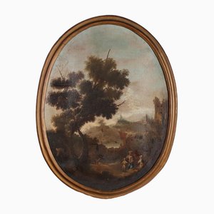Italian School Artist, Oval Landscape with Figures, 1700s, Oil on Canvas, Framed