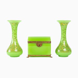 19th Century Green Opaline Enameled Vases and Box, Set of 3