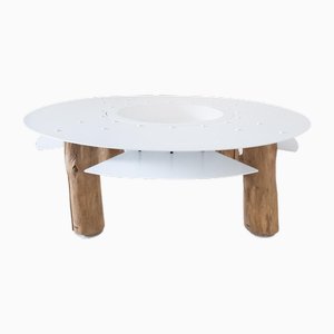 Mesa de comedor redonda de acero y madera