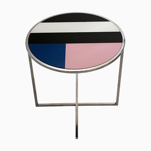 Chromed Steel Blue Black Pink Glass Round Center Table, Italy, 1970s