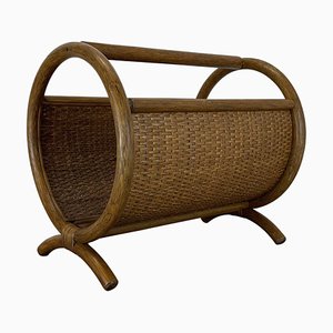 Mid-Century Bauhaus Wood and Rattan Magazine Holder from Aubock, France, 1980s