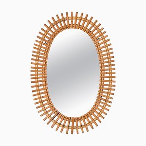 Mid-Century French Riviera Oval Wall Mirror with Bamboo and Rattan Frame, 1960s
