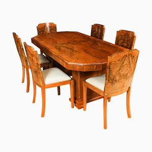 Antique Art Deco Burr Walnut Dining Table & Shaped Back Chairs, 1920s, Set of 7
