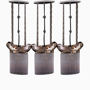 Lámparas colgantes Art Déco de níquel con varillas de vidrio, años 20. Juego de 3