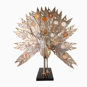 Large Brass and Agate Peacock Table Lamp attributed to Willy Daro, 1970s