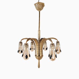 Mid-Century Brass Chandelier with Feather Shaped Arms and Black Pearls, 1960s