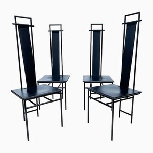 Chaises Noires en Cuir et Métal par Enrico Pellizzoni, 1980s, Set de 4