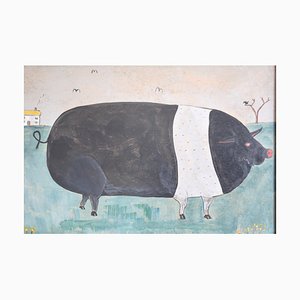Artista della British School, Naive Saddleback Pig, XX secolo, Acrilico su tavola, con cornice