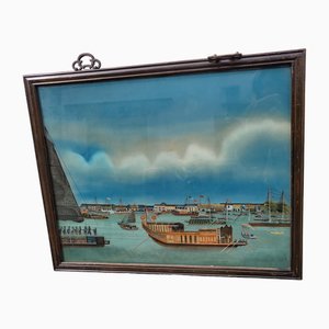 View of a Port in Asia, 20th Century, Reverse Glass Painting