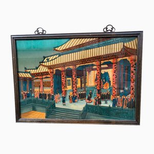 View of a Palace in Asia, 20th Century, Reverse Glass Painting