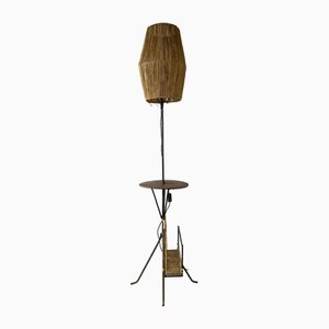 Brutalist Wrought Iron Floor Lamp with Magazine Holder and Sisal Shade, 1950s