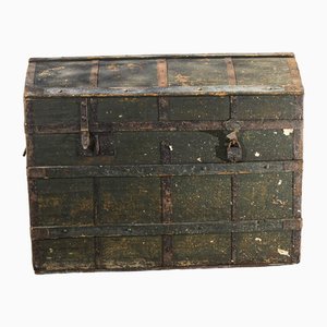 Green Travel Trunk with Italian Fabric Interior, Early 1900s