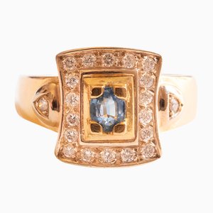 Vintage 18K Yellow Gold Ring with Topaz and Brilliant Cut Diamonds, 1960s