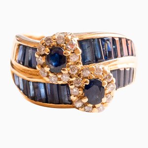 Vintage 18kKYellow Gold Ring with Sapphires and Brilliant Cut Diamonds, 1960s