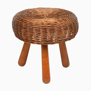 Tabouret Tripode Mid-Century en Osier et Bois attribué à Tony Paul, États-Unis, 1950s