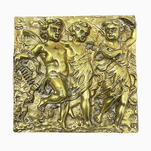 Placa italiana antigua de bronce con putti danzante, década de 1800