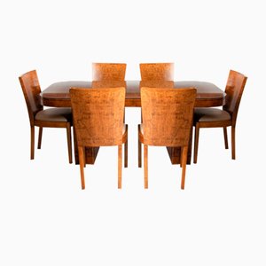 Art Deco British Burr Walnut Dining Table & Chairs, 1930s