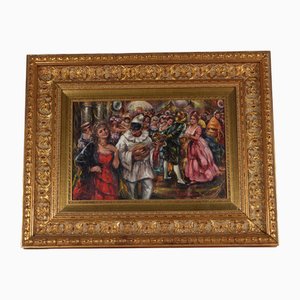 Franco Rispoli, At the Party with Pulcinella, 20th Century, Oil on Panel, Framed