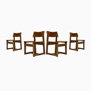 Biosca Chairs in Pine and Cognac Saddle Leather, Spain, 1960s, Set of 4