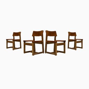 Biosca Chairs in Pine and Cognac Saddle Leather, Spain, 1960s, Set of 4