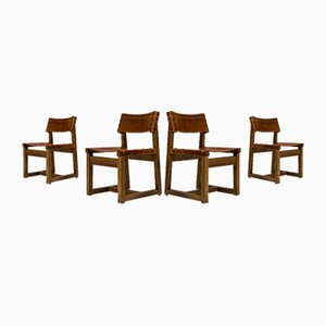 Biosca Stühle aus Kiefernholz & Cognac Sattelleder, Spanien, 1960er, 4er Set