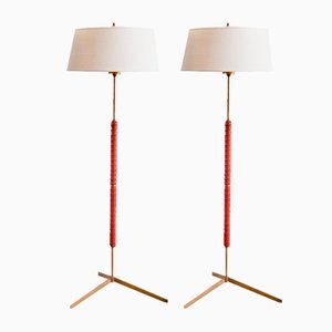 G-31 Floor Lamps in Brass, Leather and Linen from Bergboms, Sweden, 1940s, Set of 2
