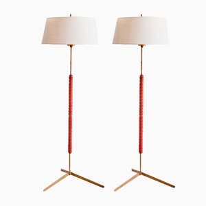 Lampadaires G-31 en Laiton, Cuir et Lin de Bergboms, Suède, 1940s, Set de 2