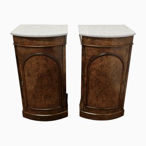 Mirror Veneer Burr Walnut and Marble Side Cabinets, Set of 2