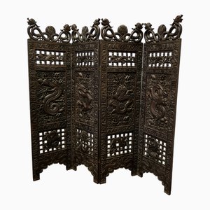 Large 19th Century Carved Chinoiserie 4 Fold Screen