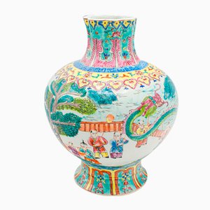 Vintage Art Deco Chinese Oriental Baluster, Ceramic Flower, Polychrome Vase, 1940s