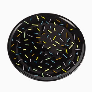 Black Bullseye Glass Plate by Hilla Shamia with Colorful Pattern