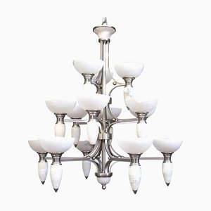 Art Deco 15-Arm Chandelier with Alabaster Bowls and Illuminated Cones, 1990s