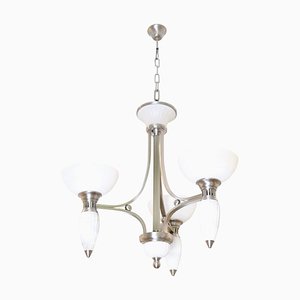 Art Deco 3-Arm Chandelier with Alabaster Bowls and Illuminated Cones, 1990s