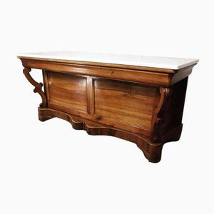 19th Century Shop Counter in Mahogany and Burl Wood Veneer with Marble Top