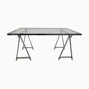 Mid-Century Modern Dining Desk in Chrome and Glass, Italy, 1970s