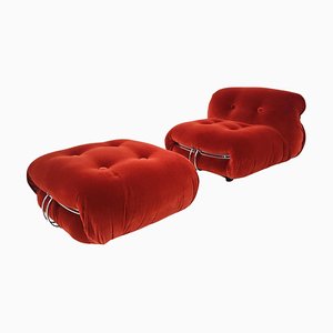 Set of Mid-Century Orange Soriana Lounge Chair and Ottoman, 1970s