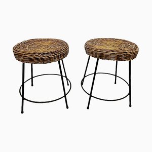 Italian Wicker and Wrought Iron Stools, 1950s, Set of 2