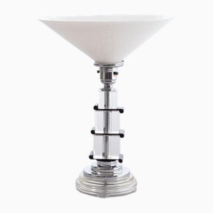 Art Deco Table Lamp on Stepped Glass Base with Original Opal Glass Coolie Shade