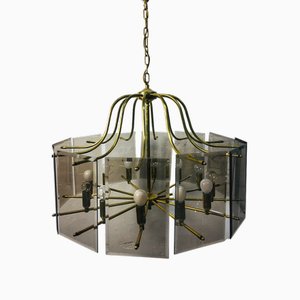 Vintage Copper Chandelier with Smoke Colored Glass Panels, 1970s